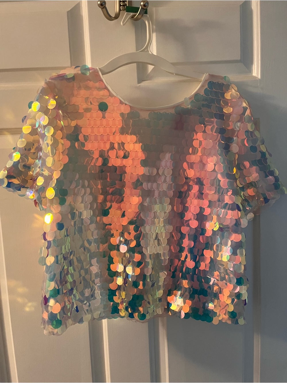 Iridescent Sequin Crop Top - Pastel Holographic
